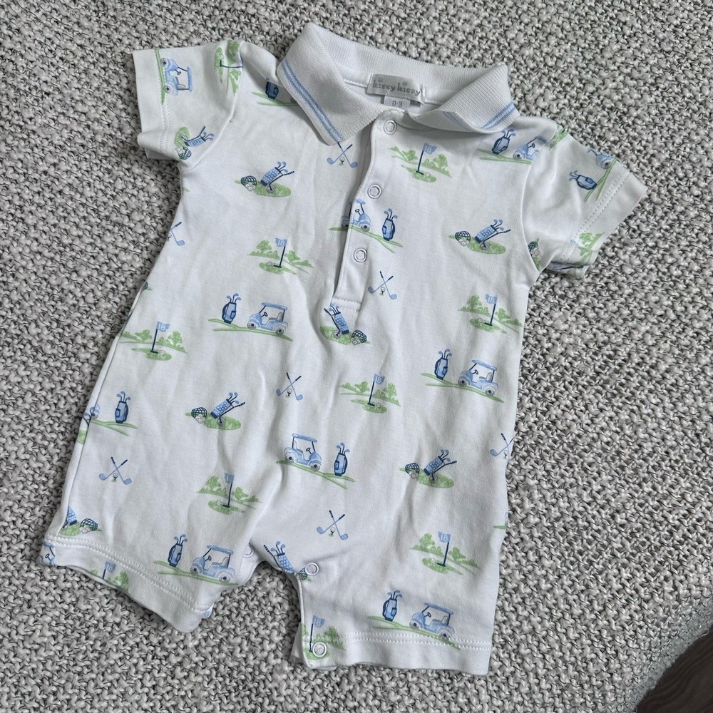 Kissy Kissy White Polo Romper with Blue and Green Golf Print